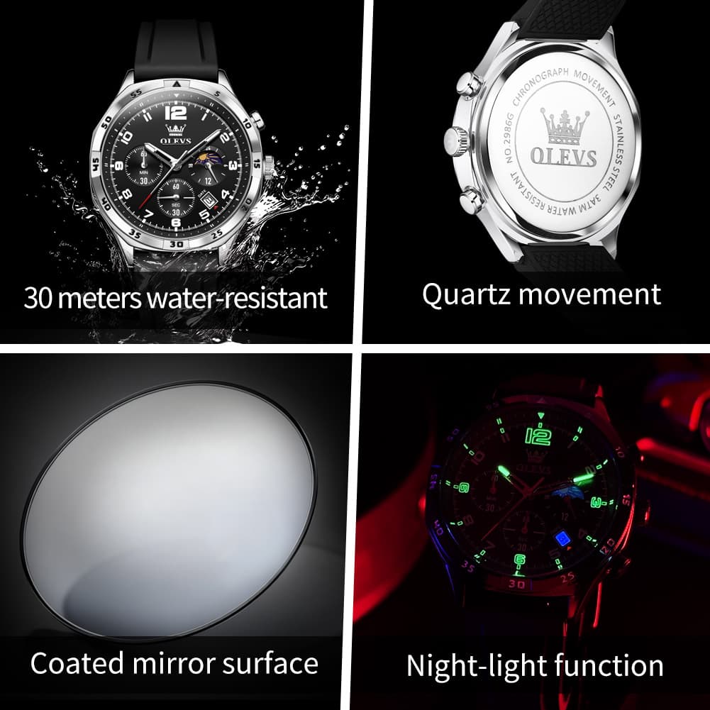 OLEVS 2986 Silicone Moon Phase Chronograph Watch for Men