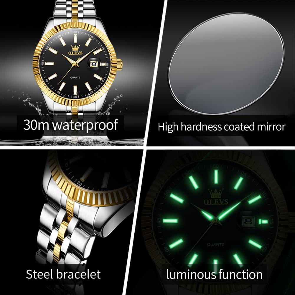 OLEVS Couple Watch Fluted Bezel Two Tone Stainless Steel Date Quartz 5593