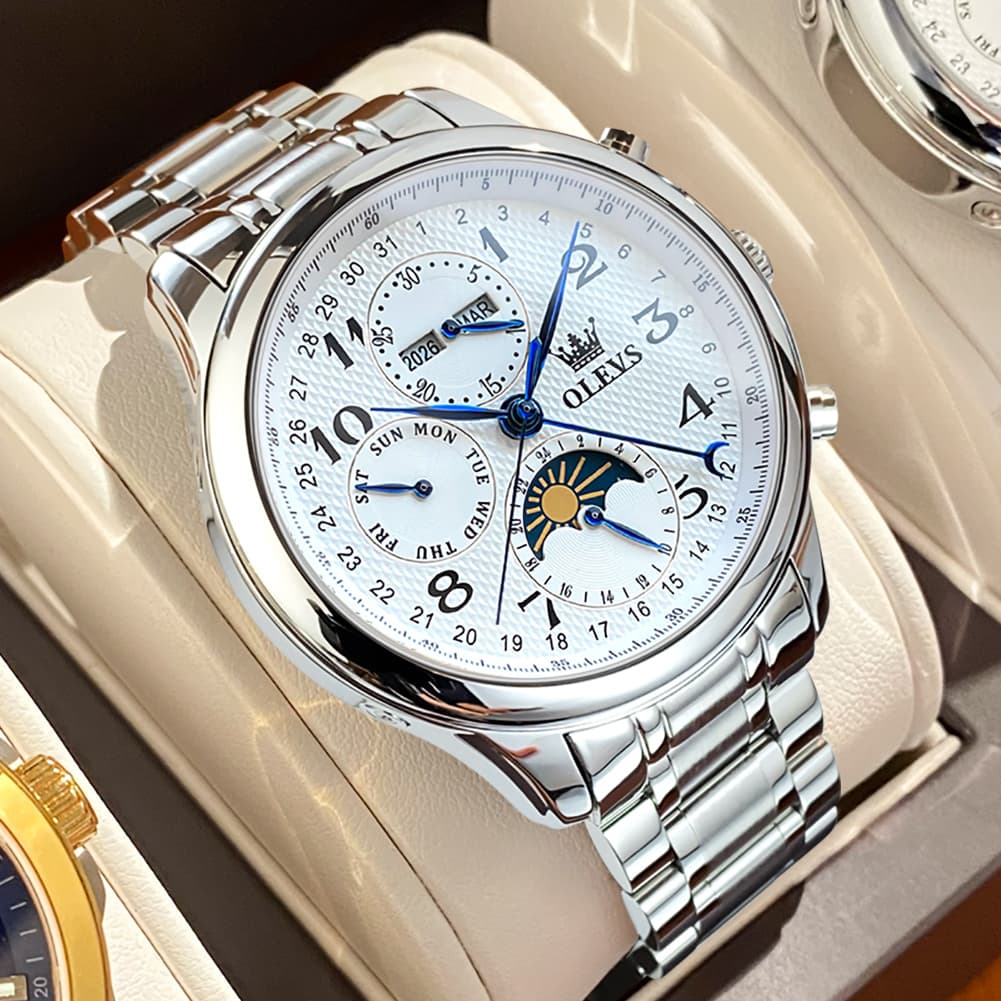 OLEVS 6667 Stainless Steel Mechanical Moon Phase Watch for Men