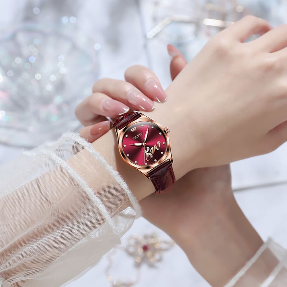 OLEVS 5581 Love Motif Diamond Watch Rose Gold Leather Strap Romantic Gift Timepiece for Women