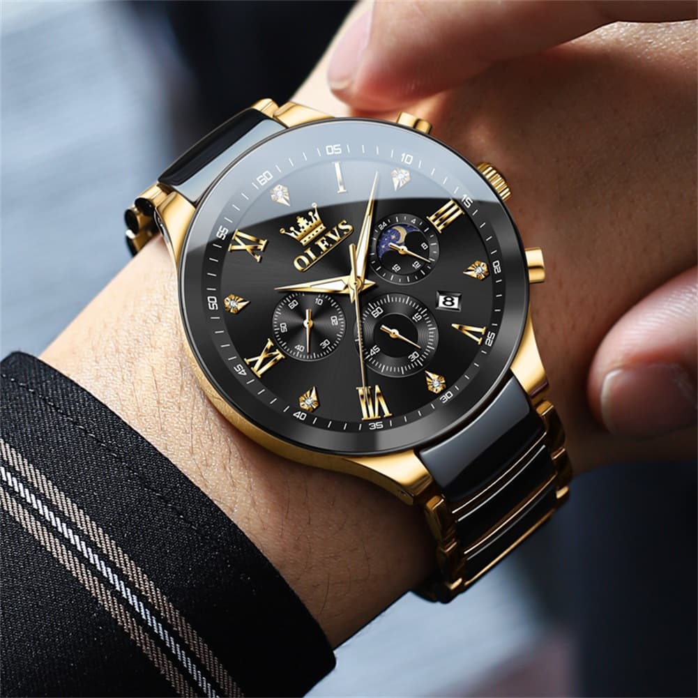 OLEVS 7004 Moon Phase Chronograph Watch Ceramic Link Bracelet Quartz Luxury Timepiece for Men