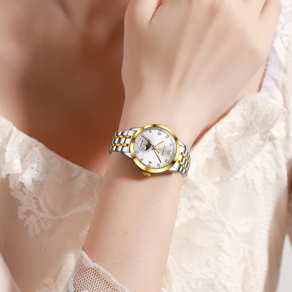 OLEVS 7041 Solid Steel Moon Phase Automatic Watch For Women