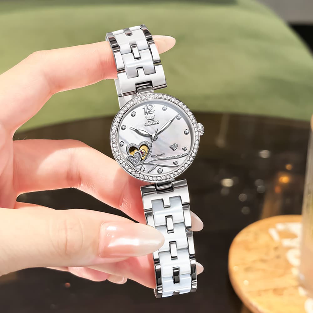 OLEVS 7086 Ceramic Heart Open Heart Automatic Watch For Women