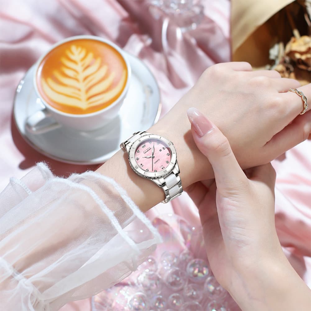 OLEVS 9985 Two Tone Ceramic Bracelet Quartz Watch for Women