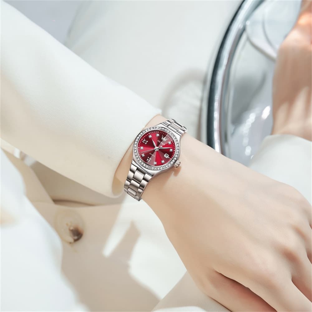 OLEVS Women Diamond Bezel Watch Petite Pastel Sunray Silver Stainless Steel Date Quartz 5628