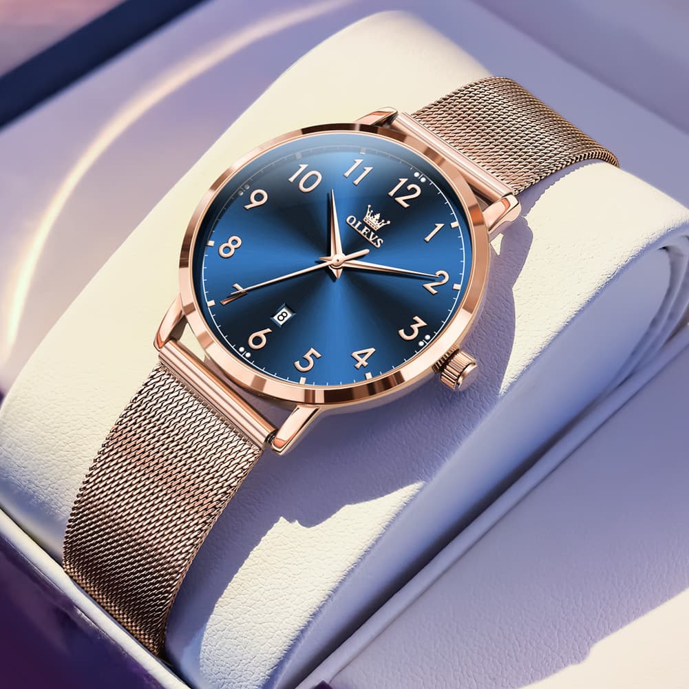 OLEVS 5653 Ultra Thin Couple Watch Milanese Mesh and Leather Strap Date Timepiece for Men and Women