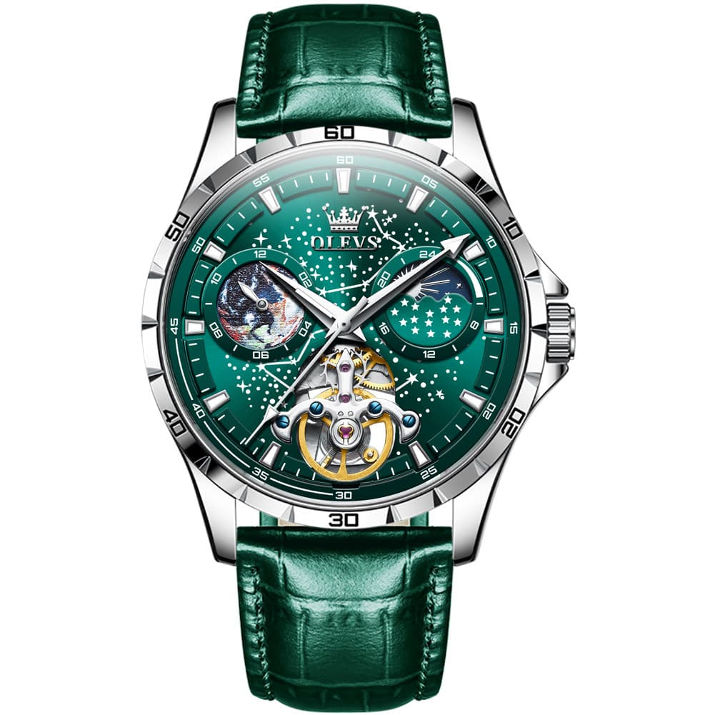 OLEVS 6689 Automatic Skeleton Starry Sky Leather Steel Watch for Men