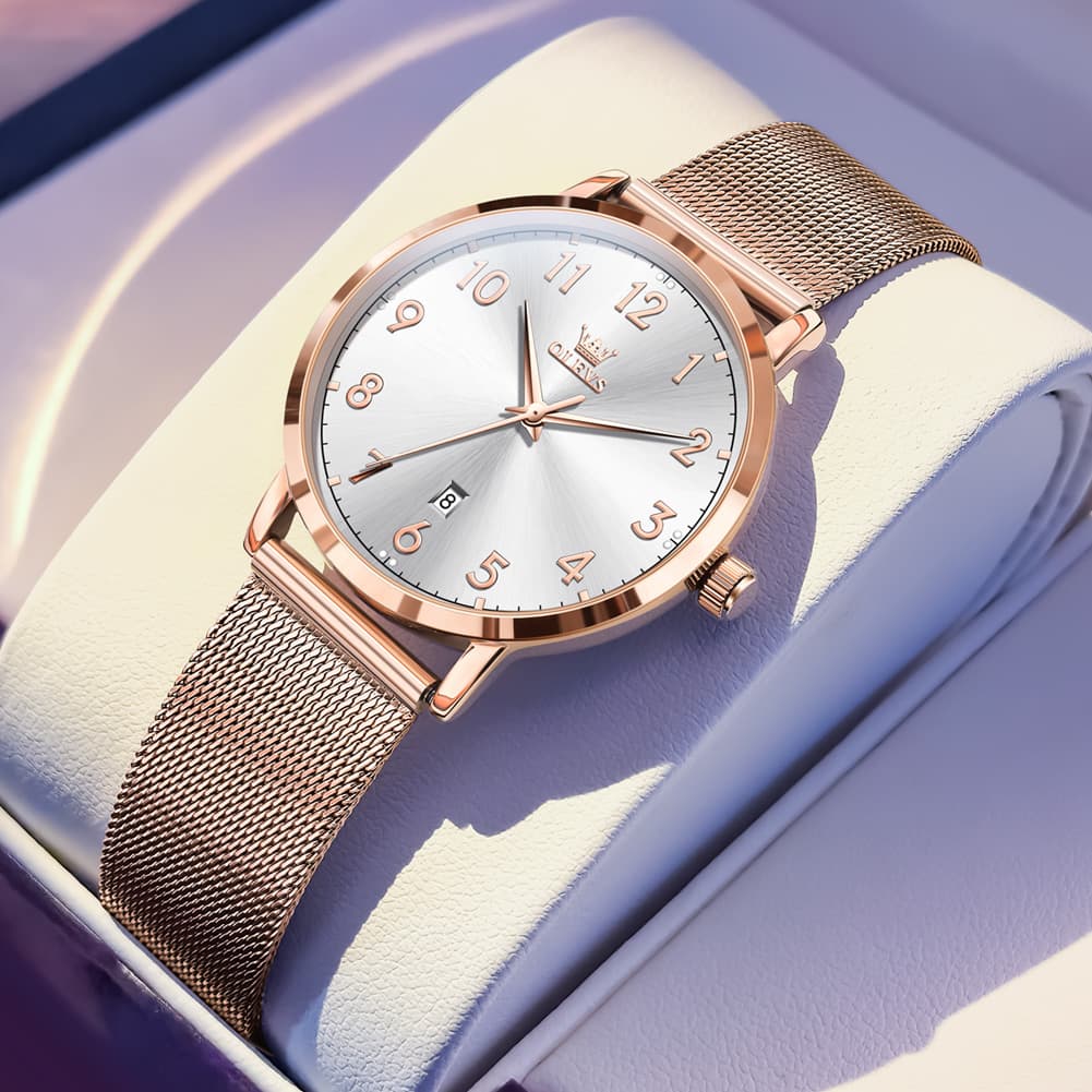 OLEVS 5653 Ultra Thin Couple Watch Milanese Mesh and Leather Strap Date Timepiece for Men and Women