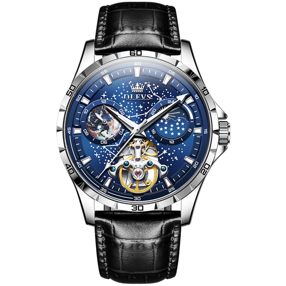 OLEVS 6689 Automatic Skeleton Starry Sky Leather Steel Watch for Men