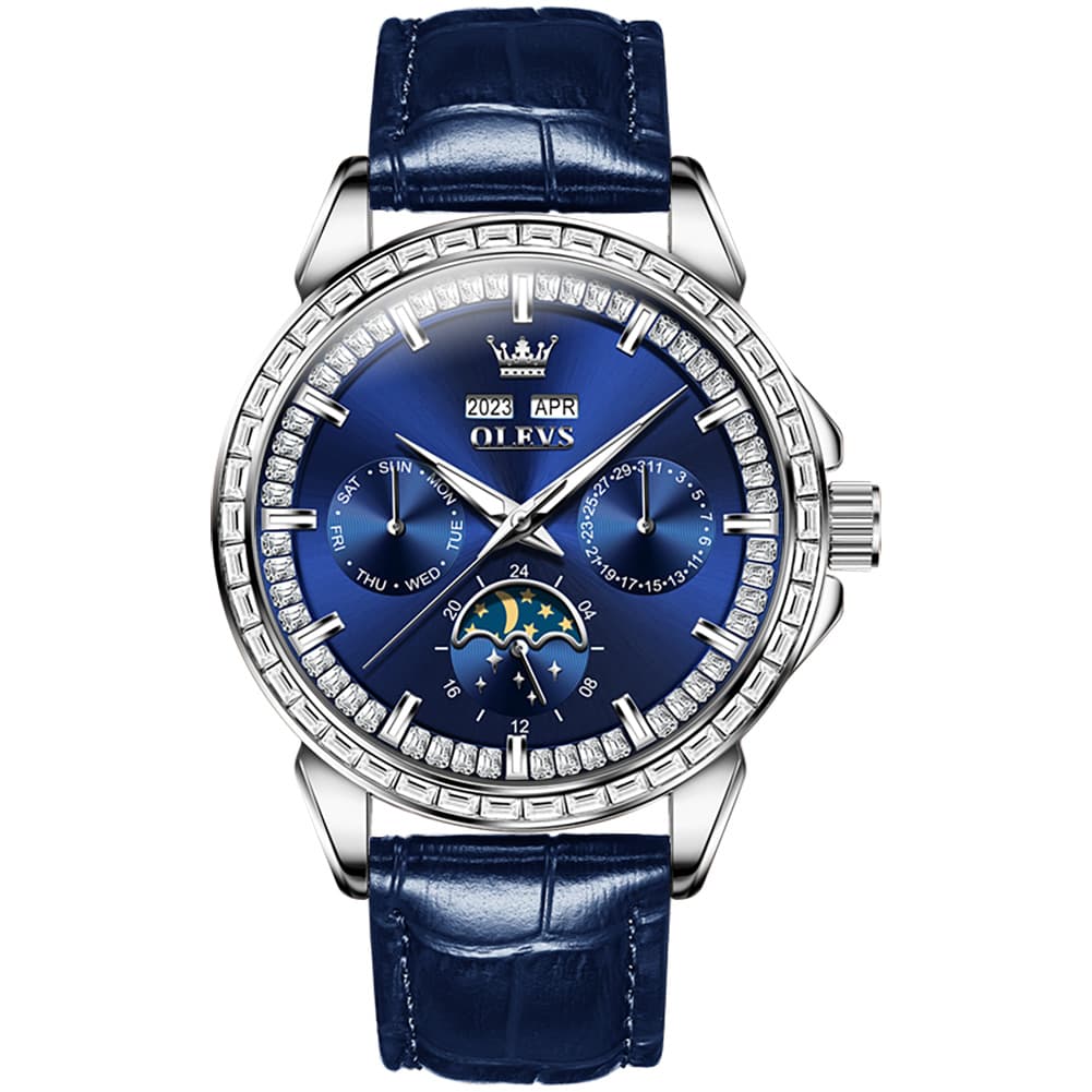 OLEVS 6695P Baguette Diamond Leather Mechanical Watch for Men