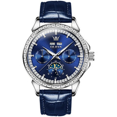 OLEVS 6695P Baguette Diamond Leather Mechanical Watch for Men