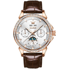 OLEVS 6695P Baguette Diamond Leather Mechanical Watch for Men