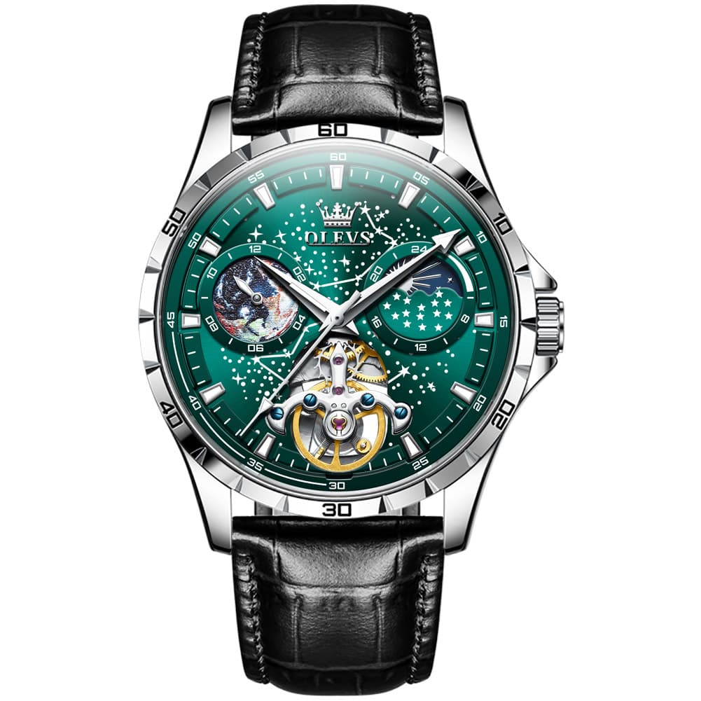 OLEVS 6689 Automatic Skeleton Starry Sky Leather Steel Watch for Men