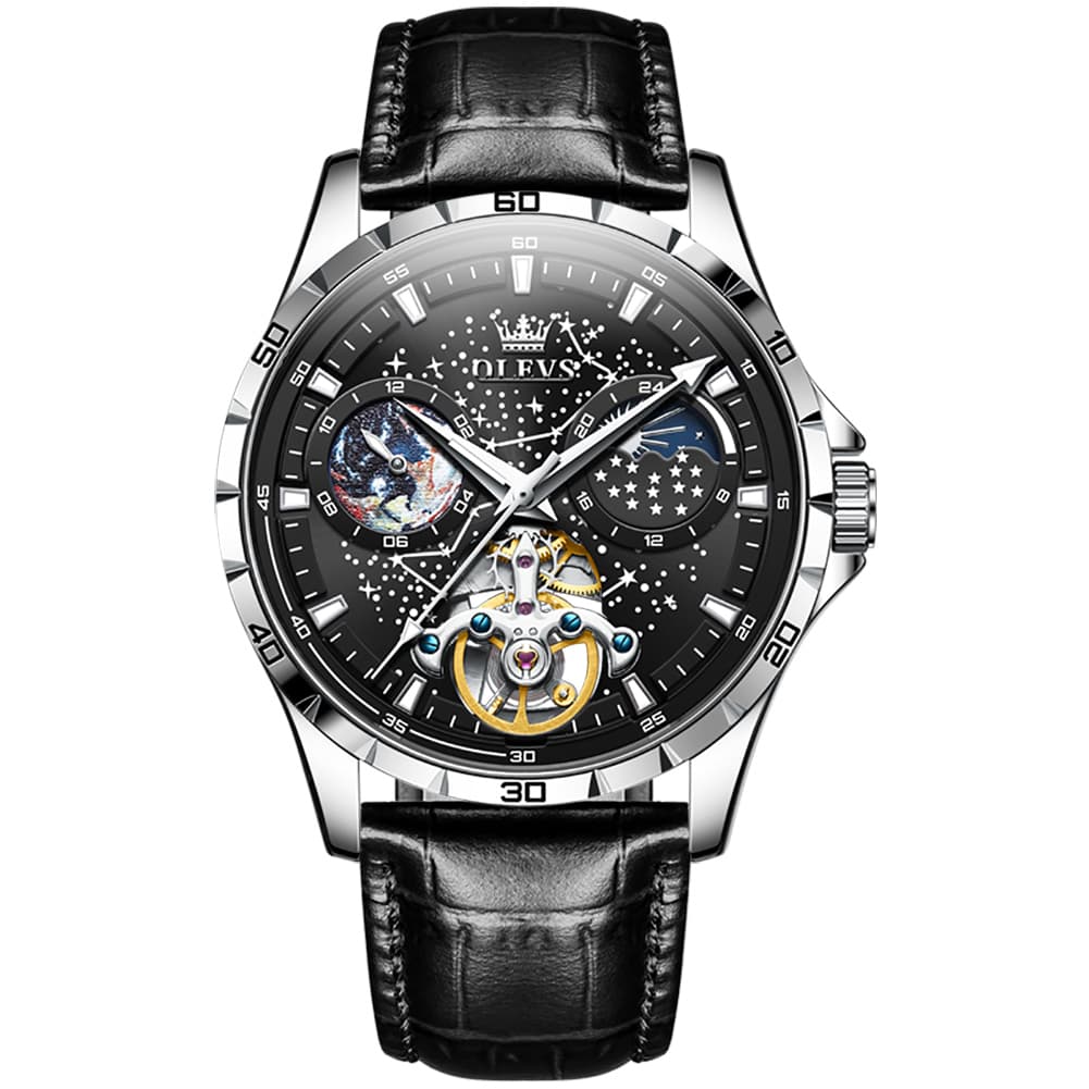 OLEVS 6689 Automatic Skeleton Starry Sky Leather Steel Watch for Men