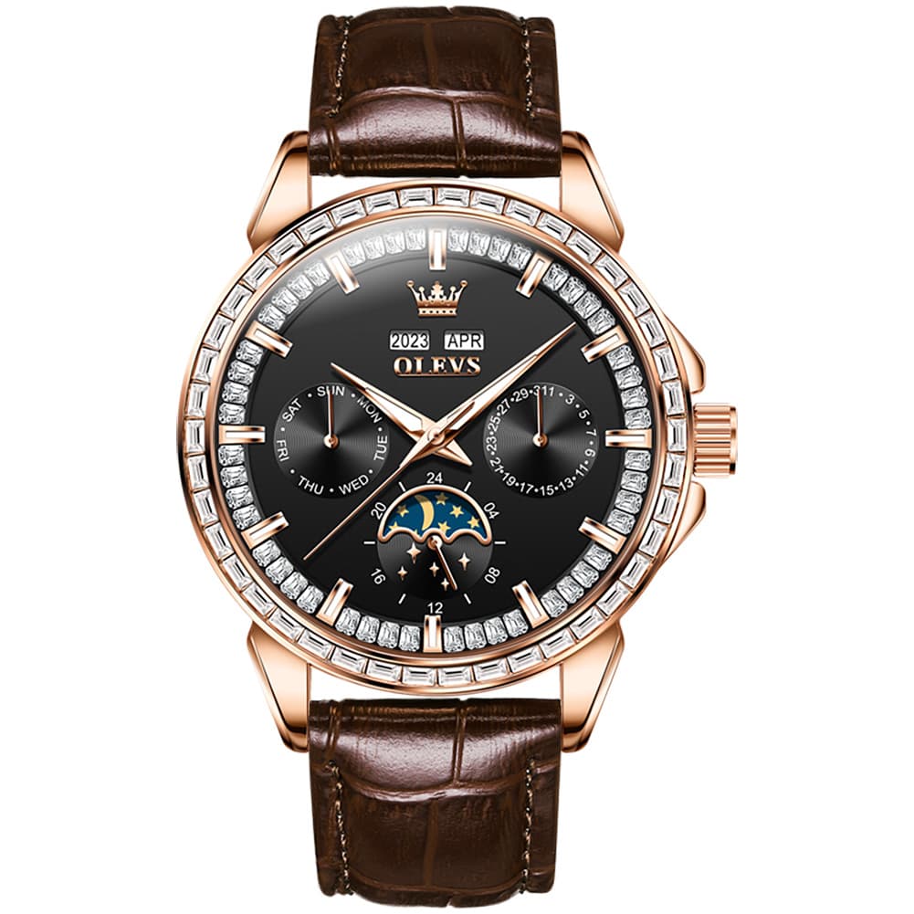 OLEVS 6695P Baguette Diamond Leather Mechanical Watch for Men