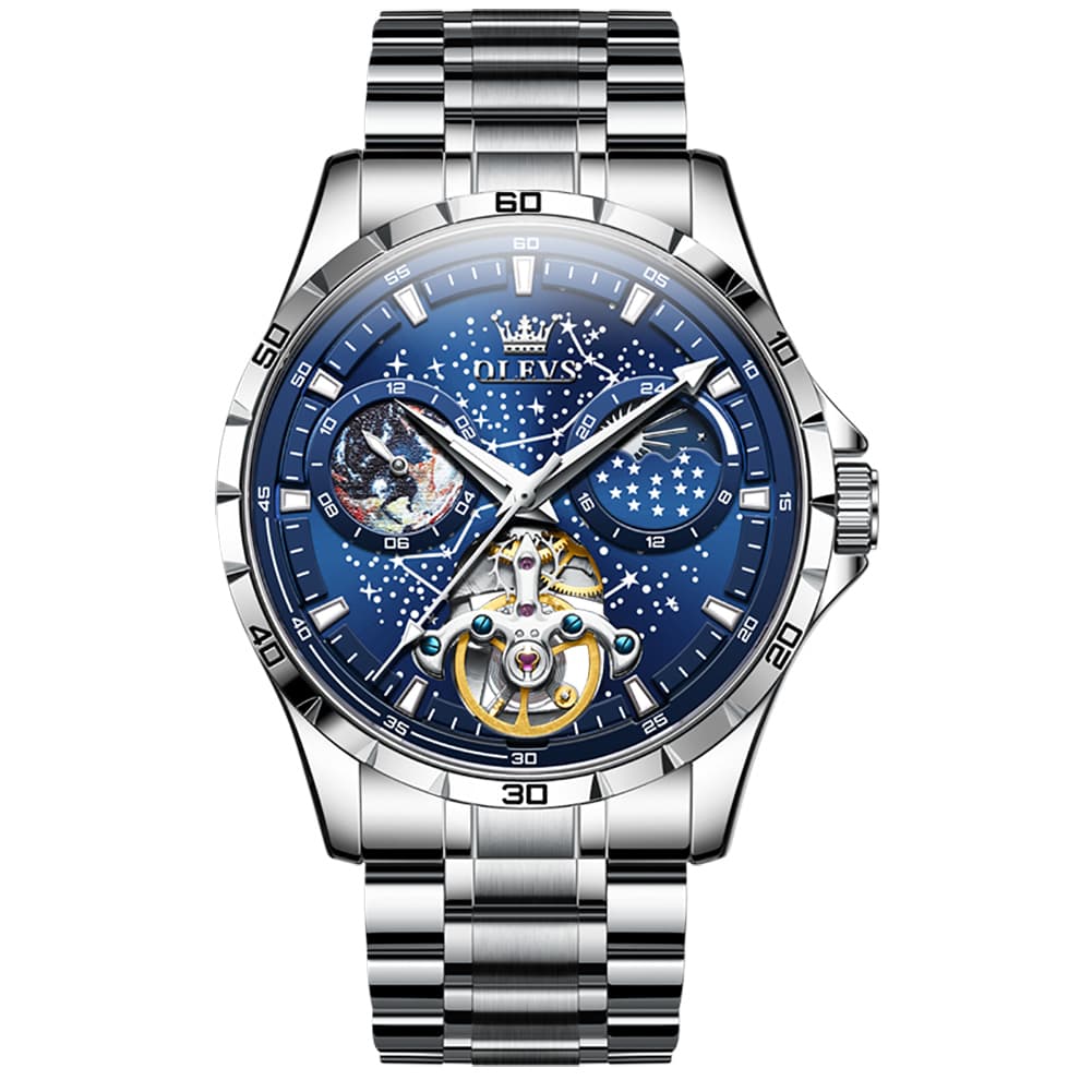 OLEVS 6689 Automatic Skeleton Starry Sky Leather Steel Watch for Men