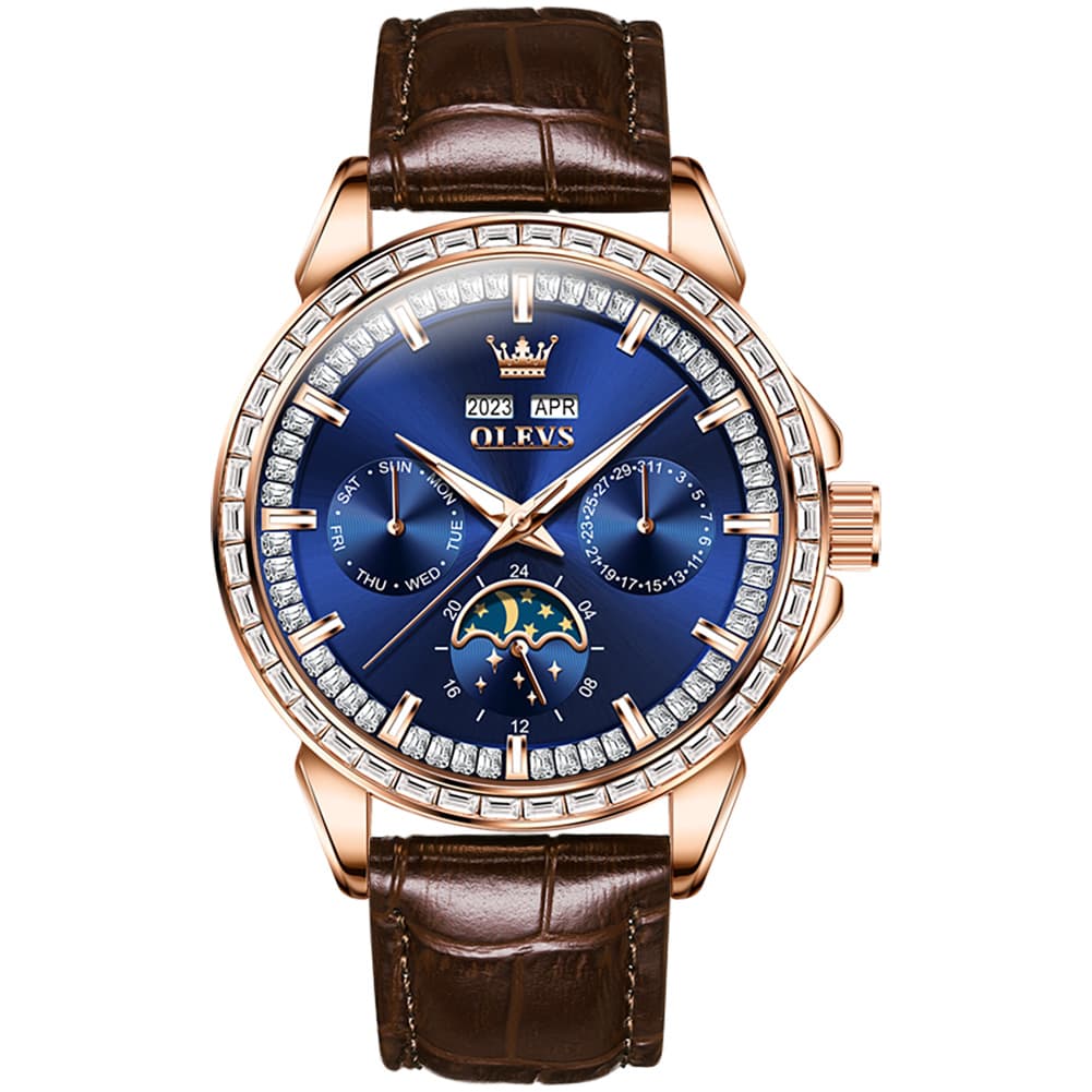 OLEVS 6695P Baguette Diamond Leather Mechanical Watch for Men