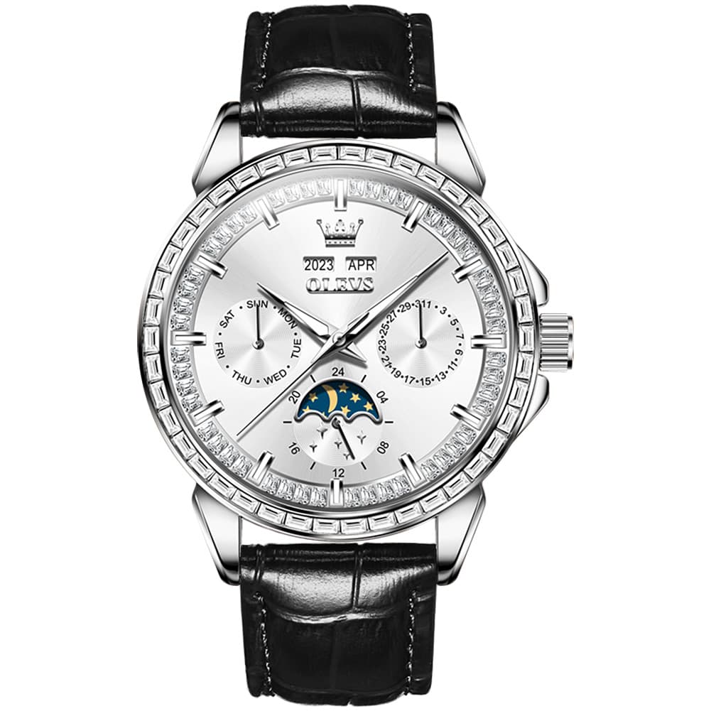 OLEVS 6695P Baguette Diamond Leather Mechanical Watch for Men