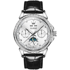 OLEVS 6695P Baguette Diamond Leather Mechanical Watch for Men