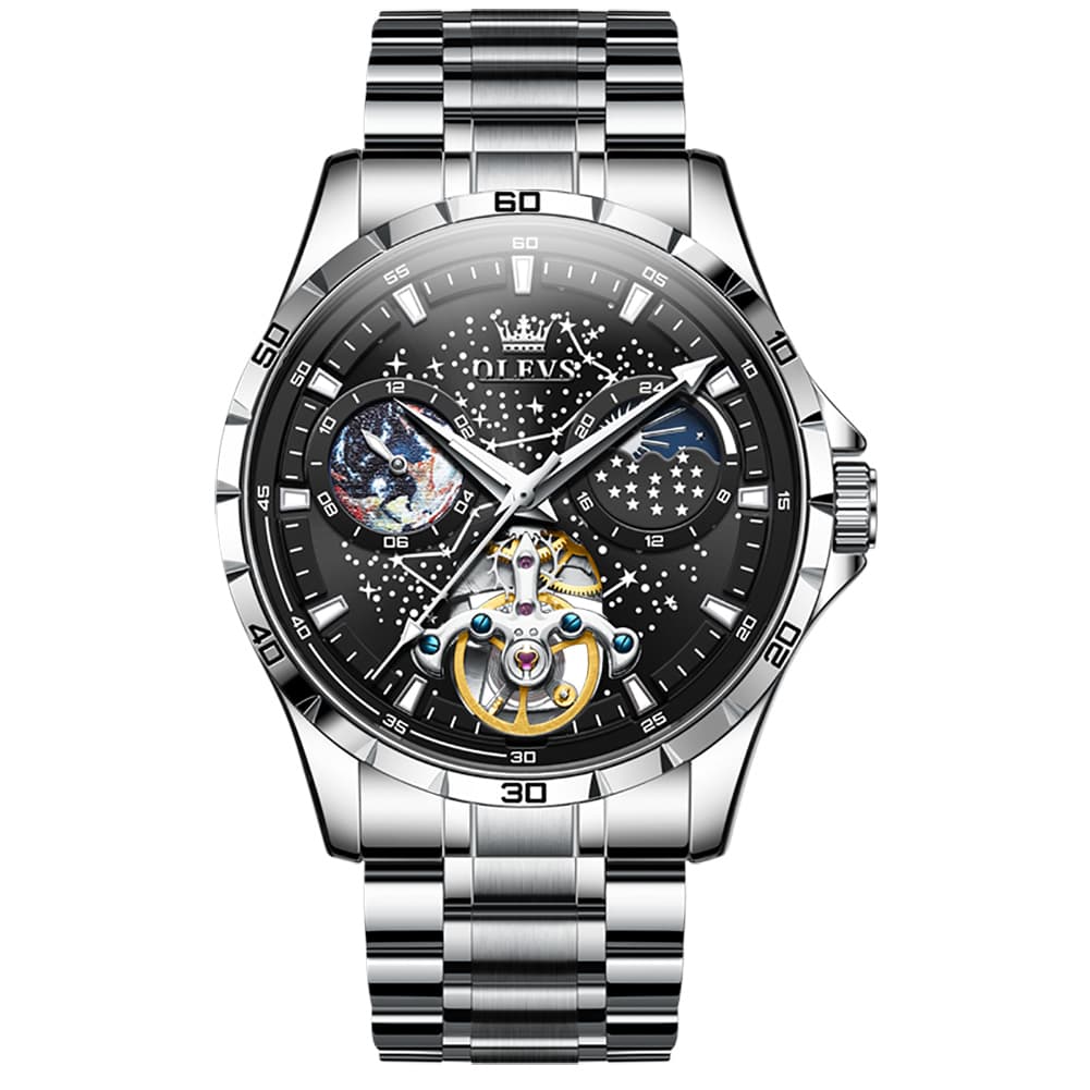 OLEVS 6689 Automatic Skeleton Starry Sky Leather Steel Watch for Men