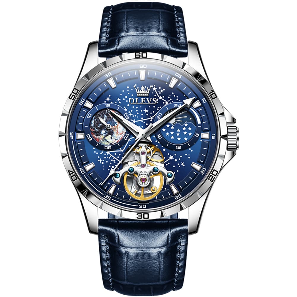 OLEVS 6689 Automatic Skeleton Starry Sky Leather Steel Watch for Men
