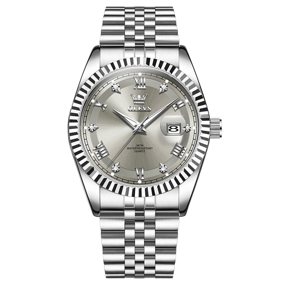 OLEVS 5680 Fluted Bezel Roman Diamond Dial Watch Stainless Steel Jubilee Bracelet Quartz Timepiece for Men