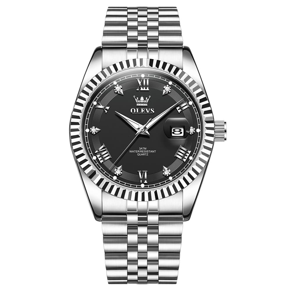 OLEVS 5680 Fluted Bezel Roman Diamond Dial Watch Stainless Steel Jubilee Bracelet Quartz Timepiece for Men
