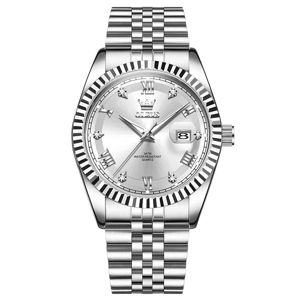 OLEVS 5680 Fluted Bezel Roman Diamond Dial Watch Stainless Steel Jubilee Bracelet Quartz Timepiece for Men