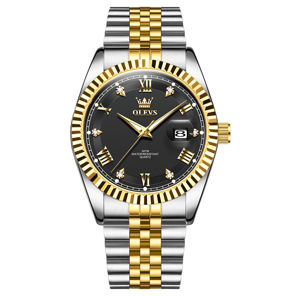 OLEVS 5680 Fluted Bezel Roman Diamond Dial Watch Stainless Steel Jubilee Bracelet Quartz Timepiece for Men