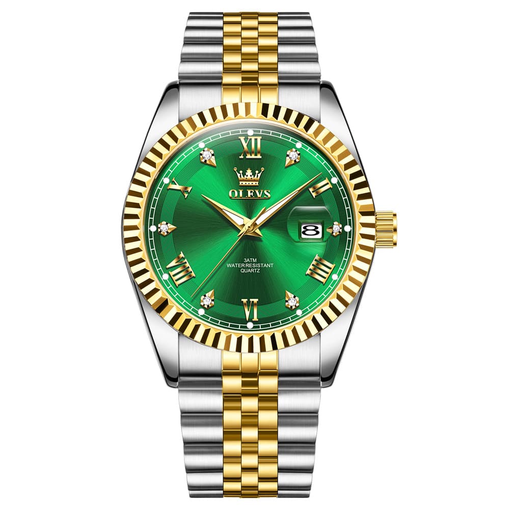 OLEVS 5680 Fluted Bezel Roman Diamond Dial Watch Stainless Steel Jubilee Bracelet Quartz Timepiece for Men