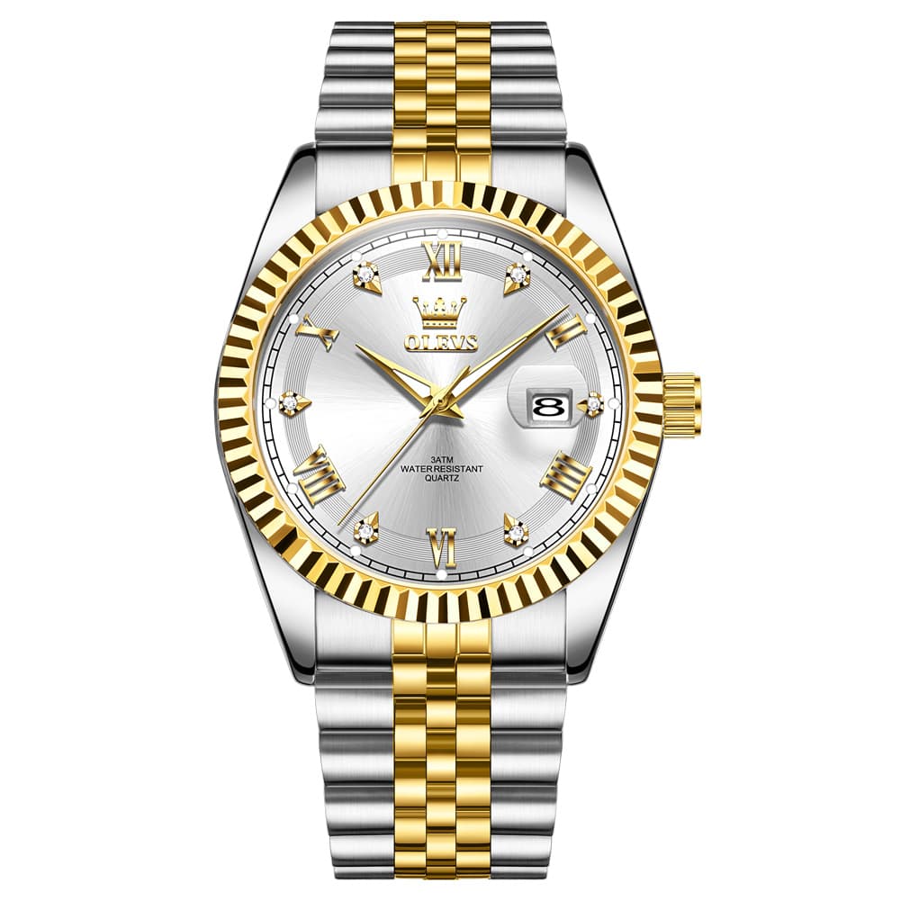 OLEVS 5680 Fluted Bezel Roman Diamond Dial Watch Stainless Steel Jubilee Bracelet Quartz Timepiece for Men