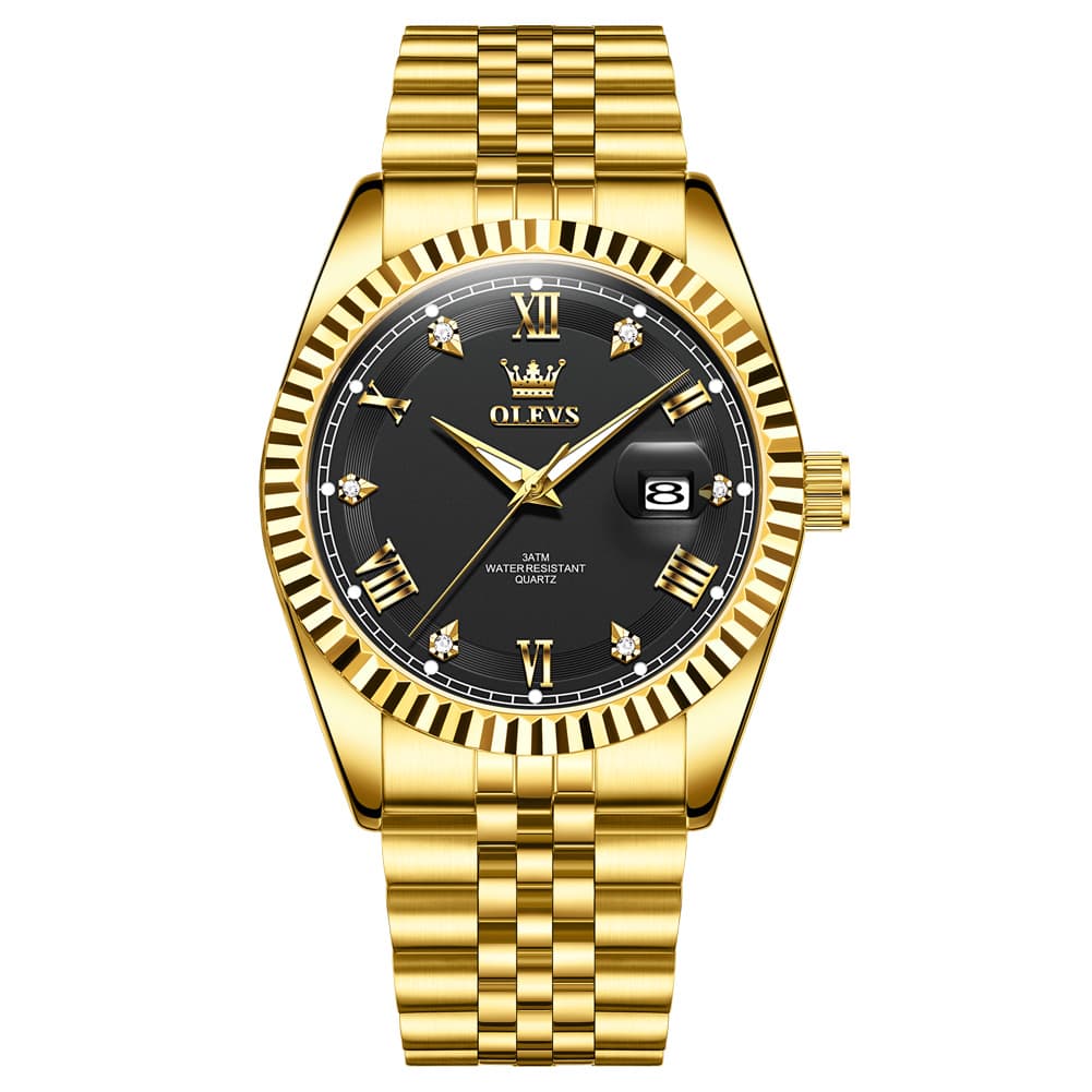 OLEVS 5680 Fluted Bezel Roman Diamond Dial Watch Stainless Steel Jubilee Bracelet Quartz Timepiece for Men