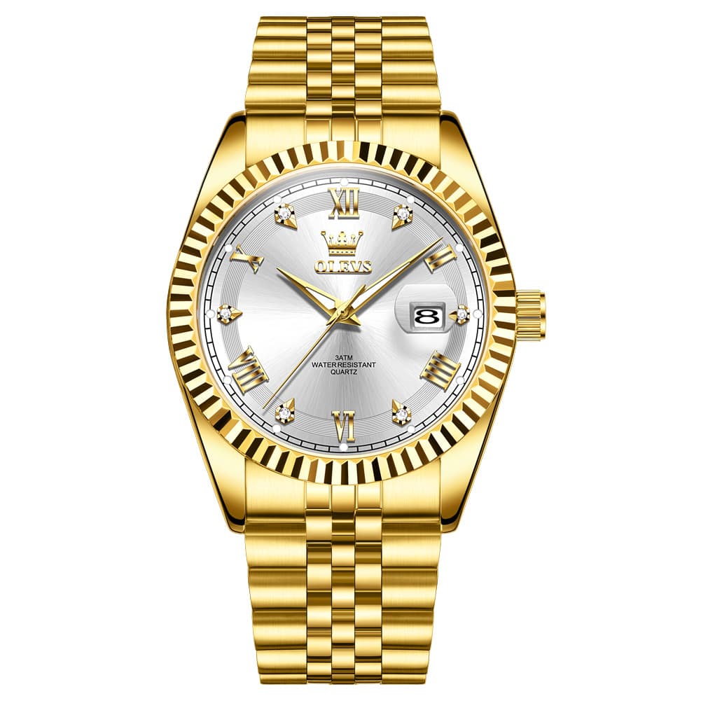 OLEVS 5680 Fluted Bezel Roman Diamond Dial Watch Stainless Steel Jubilee Bracelet Quartz Timepiece for Men