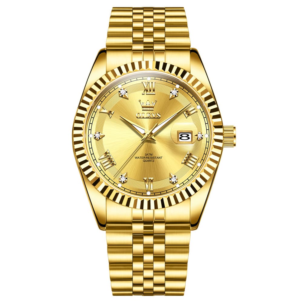 OLEVS 5680 Fluted Bezel Roman Diamond Dial Watch Stainless Steel Jubilee Bracelet Quartz Timepiece for Men