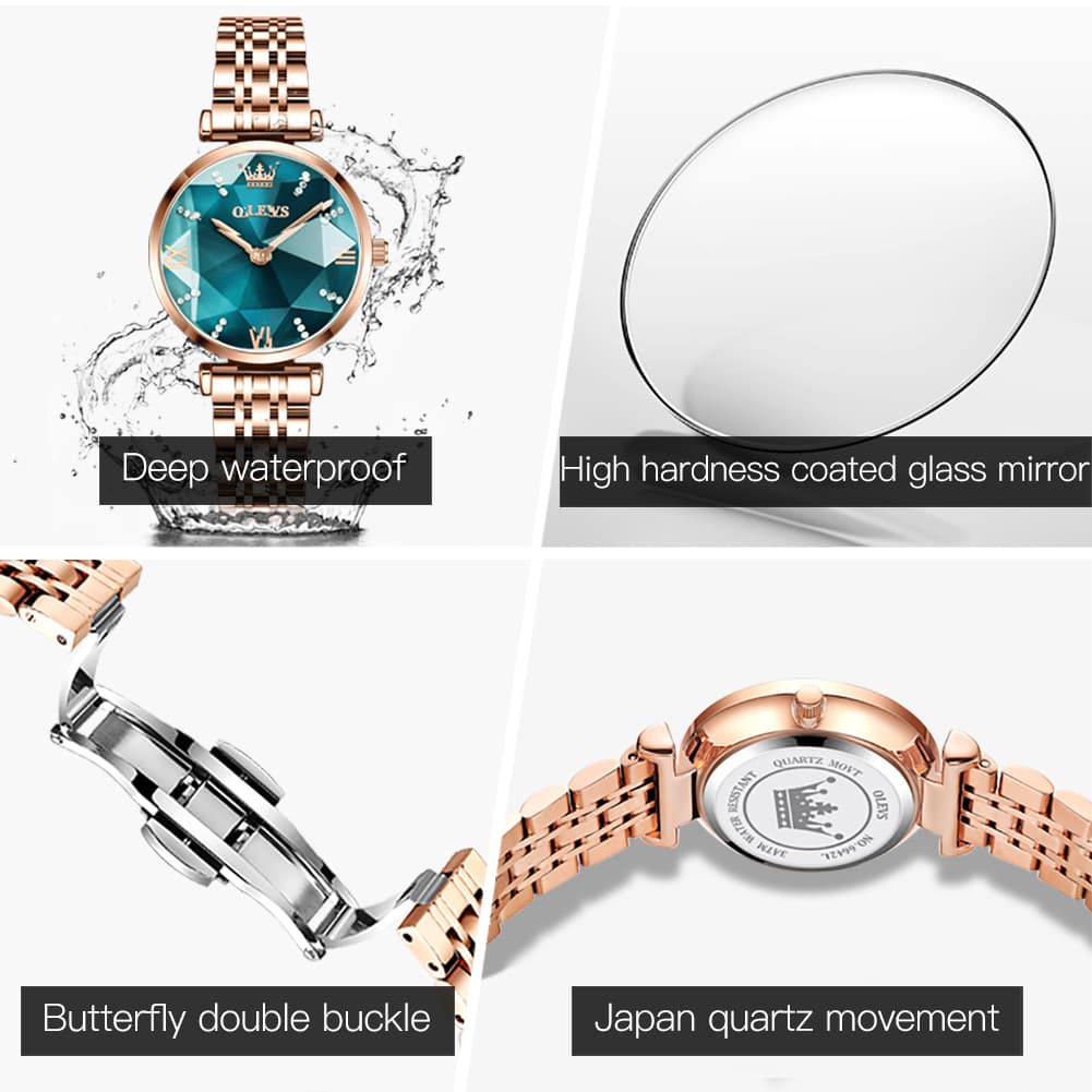 OLEVS 6642 Prism Cut Crystal Watch Rose Gold Stainless Steel Japan Quartz Timepiece for Women