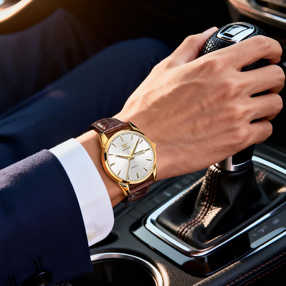 OLEVS 6898P Ultra Thin Day Date Watch Leather Strap Quartz Casual Timepiece for Men