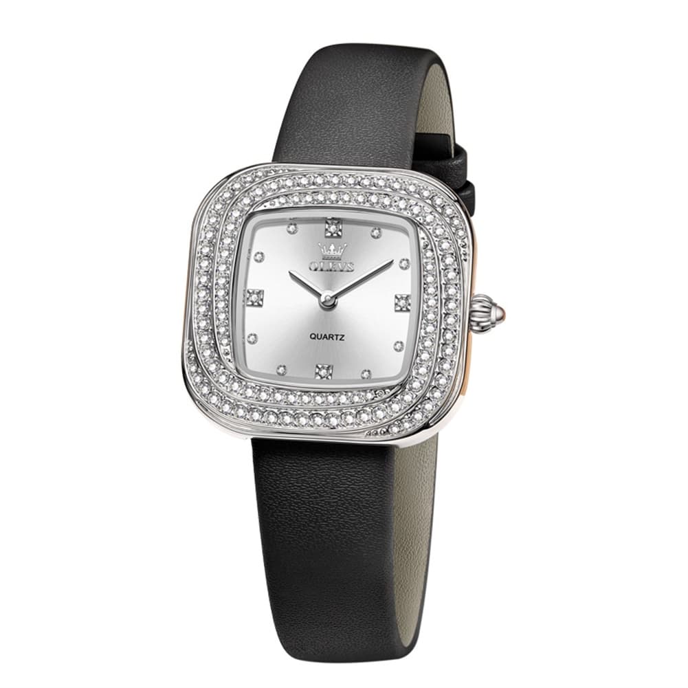 OLEVS Square Diamond Bezel Leather Watch 5512 Petite Quartz for Women