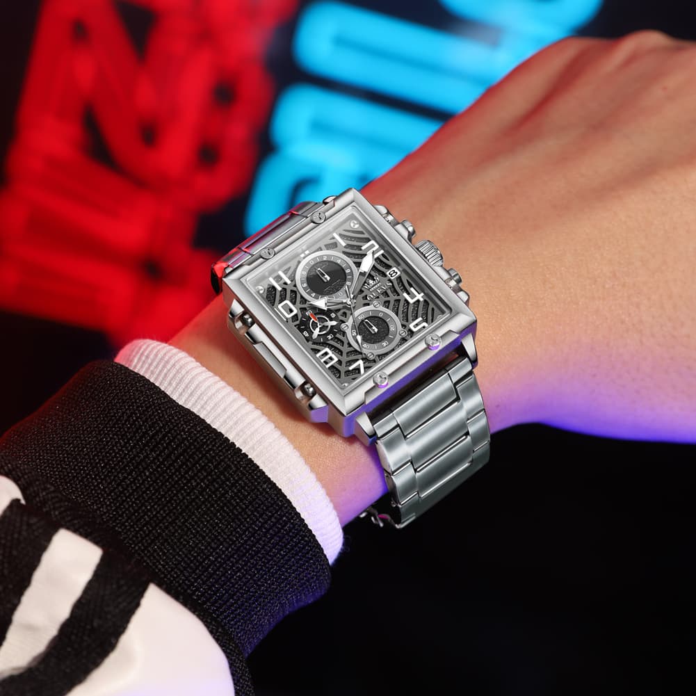 OLEVS 2958 Square Skeleton Chronograph Watch for Men