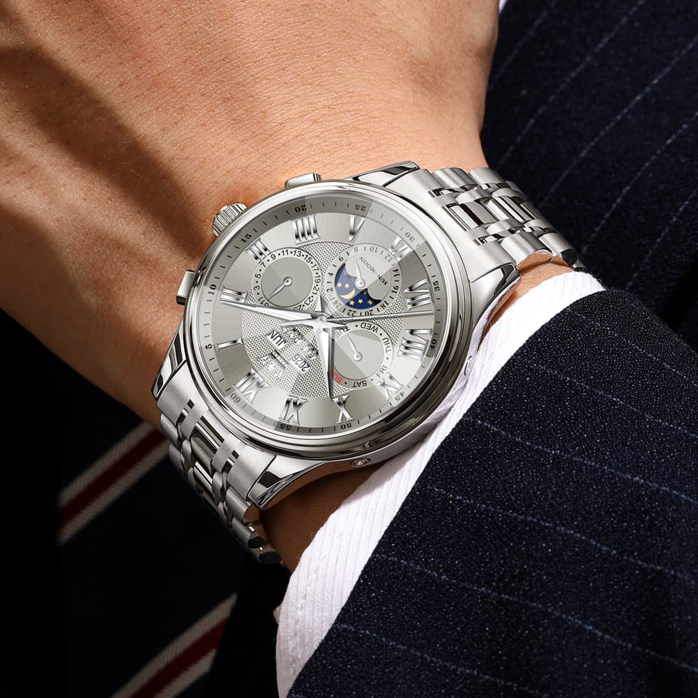 OLEVS 7113 Diamond Cut Glass Moon Phase Automatic Mechanical Watch for Men