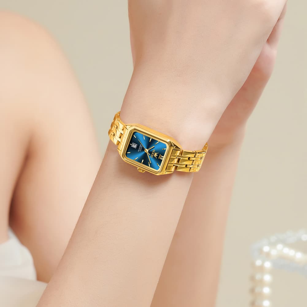 OLEVS Women Square Dress Watch Retro Gold Stainless Steel Date Quartz 5616
