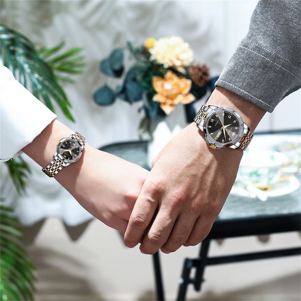 OLEVS Couple Watches 3D Diamond Cut Mirror Automatic Watch 9982 Steel Band for His and Hers