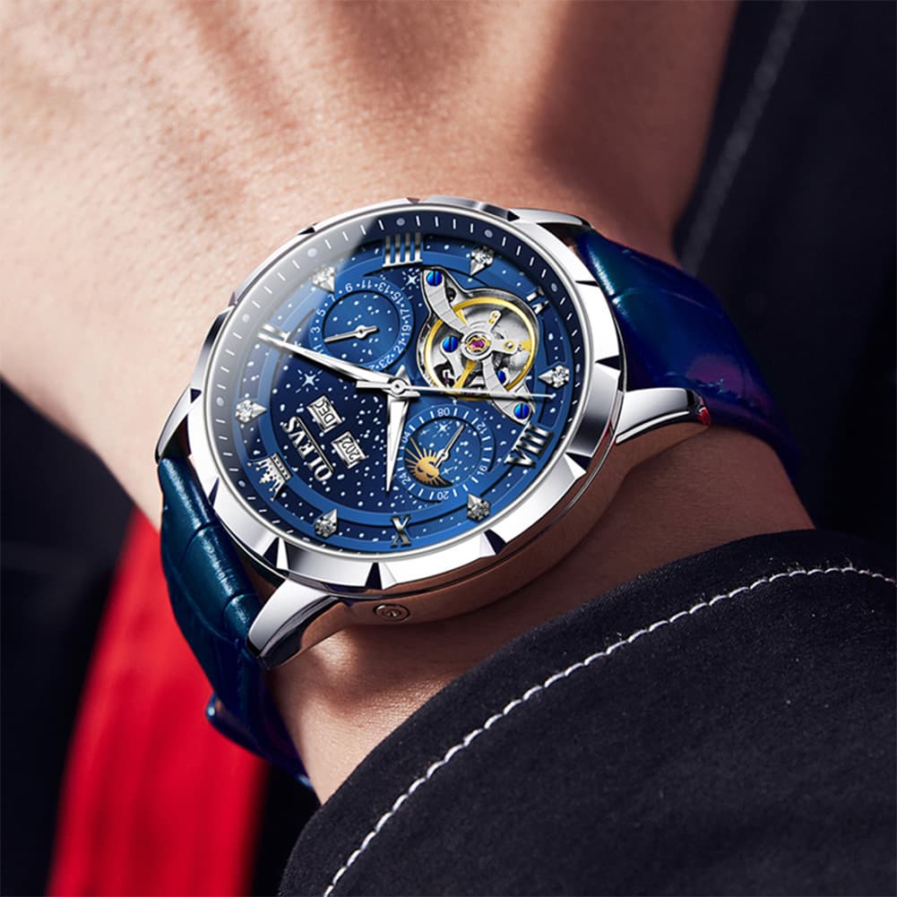 OLEVS 6690 Automatic Skeleton Starry Sky Steel Leather Watch for Men