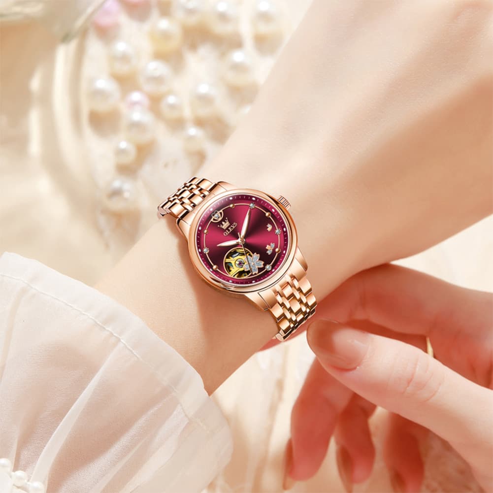 OLEVS 6732 Automatic Open Heart Diamond Watch For Women