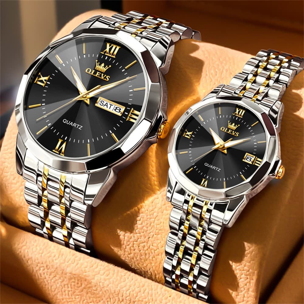 OLEVS 9989 Diamond Cut Glass Couple Dress Watch for Men and Women