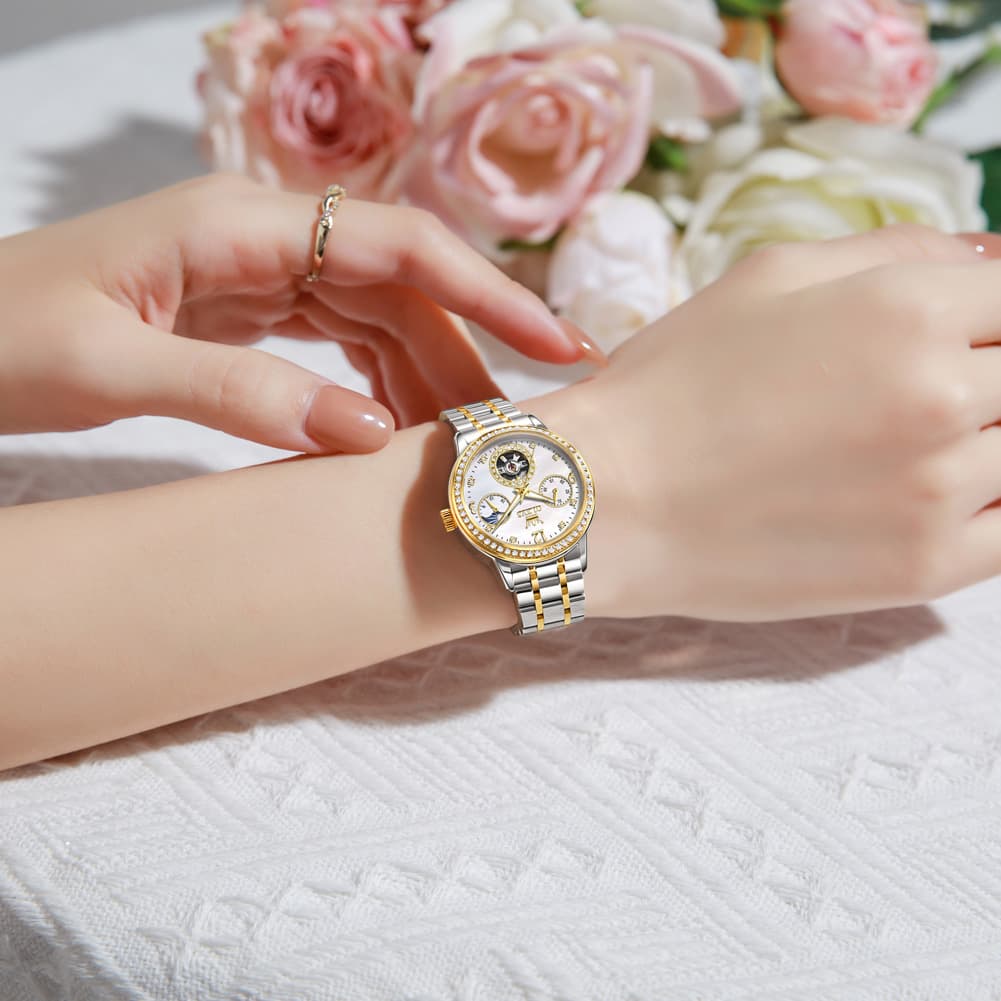 OLEVS 6750 Diamond Bezel Skeleton Mechanical Watch for Women