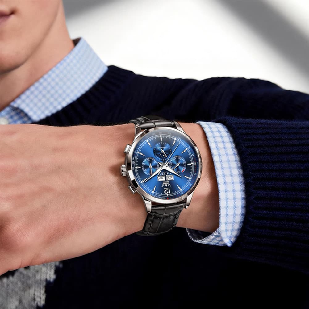 OLEVS Moon Phase Automatic Mechanical Watch 7128 Leather Strap for Men