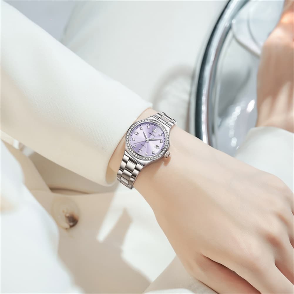 OLEVS Women Diamond Bezel Watch Petite Pastel Sunray Silver Stainless Steel Date Quartz 5628