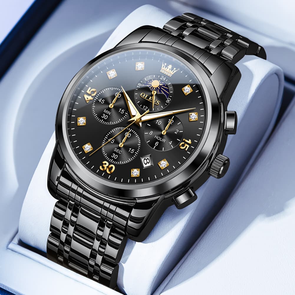 OLEVS 3655 Chronograph Moon Phase Roman Diamond Dial Stainless Steel Watch For Men