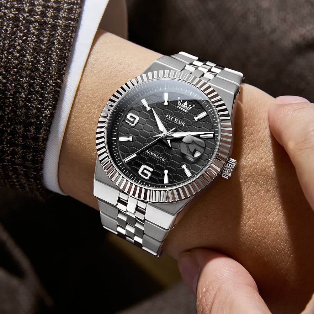 OLEVS 7105 Fluted Bezel Automatic Mechanical Luxury Dress Watch for Men