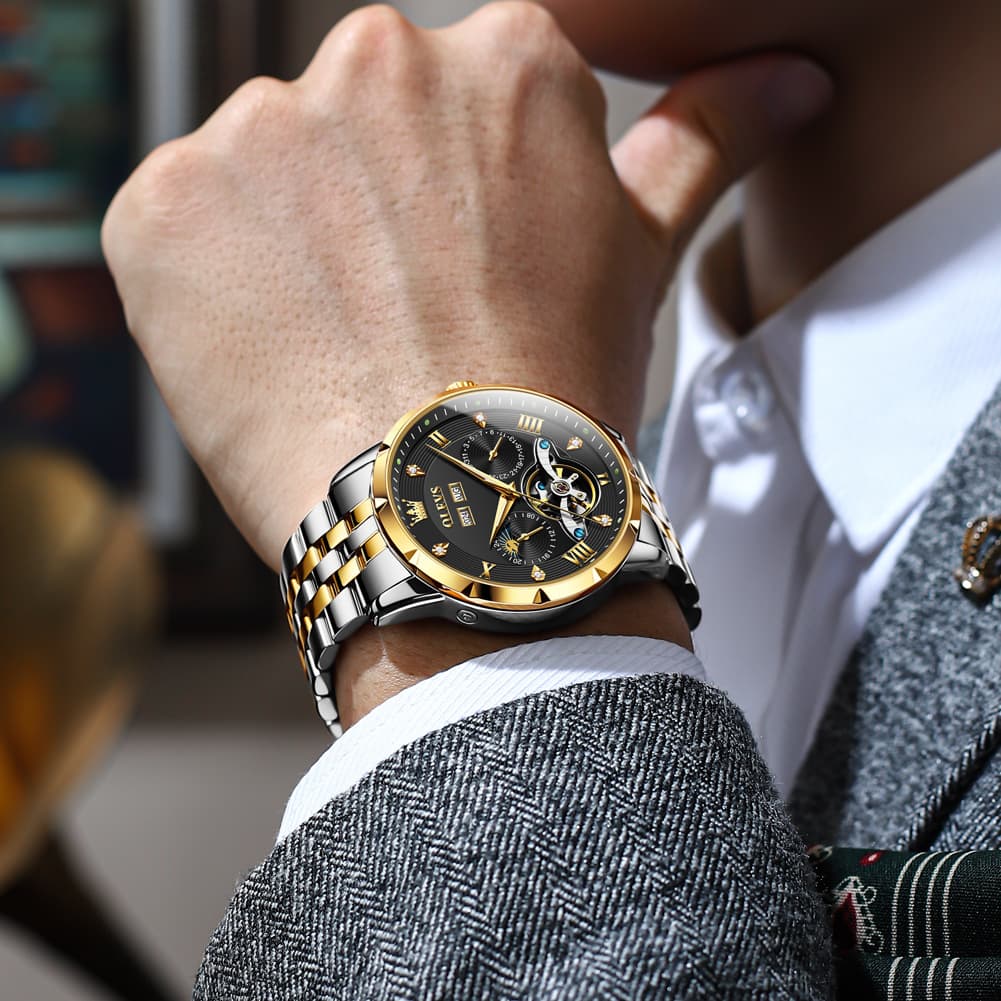 OLEVS 6691 Automatic Moon Phase Skeleton Steel Watch for Men